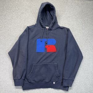 Russell Athletic Men’s Large Blue Hoodie Raised Logo Old Style Vintage Faded